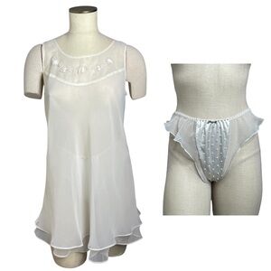 Vintage 90s Victoria's Secret Ivory Sheer Chemise Gown Nightie Beaded w/Thong S